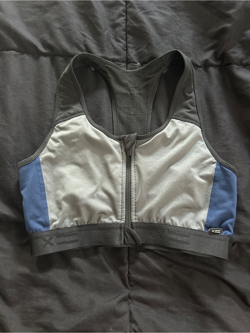 TomboyX Grey, Blue, and Black Front-Zip Swim top - M
